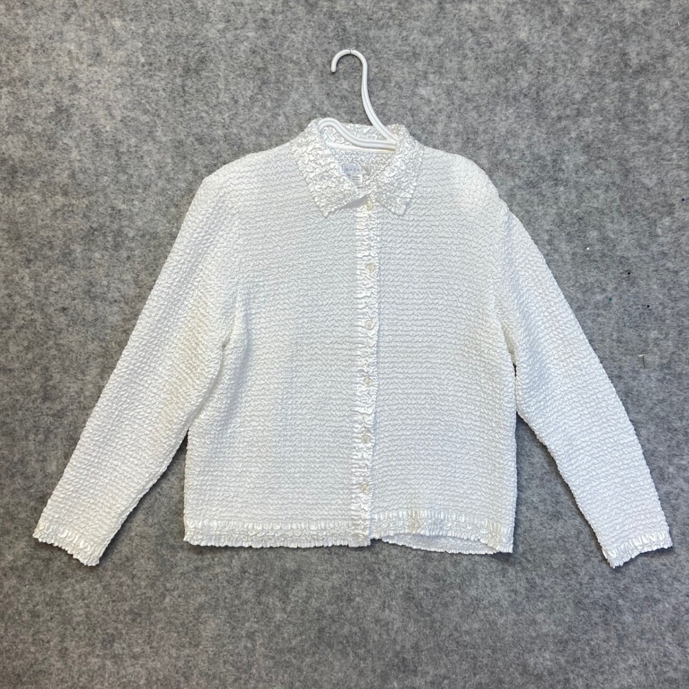 Rafael Popcorn Shacket Women's XL White Button Up Crinkle Textured Long Sleeve‎